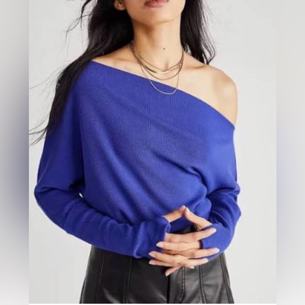 Free People Off-Shoulder Blue Long Sleeve Top